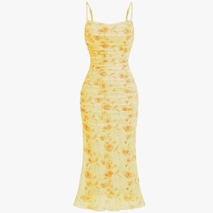 Floral Ruched Mesh Fishtail Bodycon Midi Dress